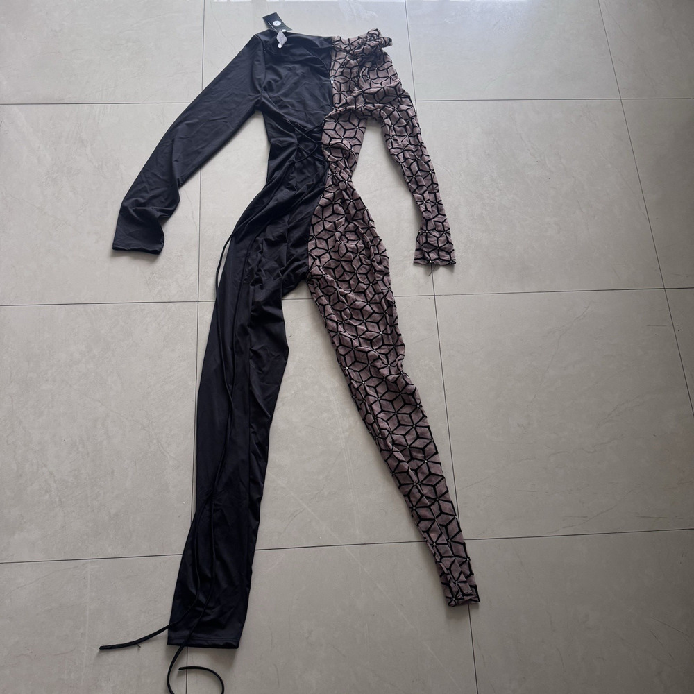 Posh By V Geometric Mesh Festival Jumpsuit Black Pink Size L NWT